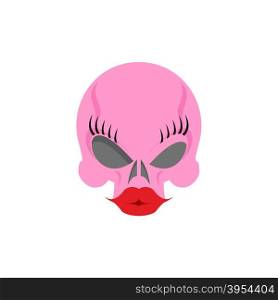 Pink Women skull blondes with big red silicone lips and eye makeup. Funny vector illustration