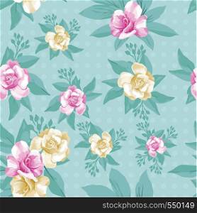 Pink yellow beauty flowers rose with leaves seamless pattern mint background. Trendy vector illustrations