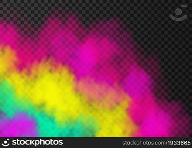 Pink, yellow, green smoke isolated on transparent background. Steam special effect. Realistic colorful vector fire fog or mist texture.