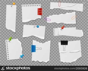 Pinned note paper. Realistic stationery elements. 3D pages with ragged edges attached with buttons, clips and pins. Isolated sheets scraps on transparent noticeboard. Vector reminder notepapers set. Pinned note paper. Realistic stationery elements. 3D pages with ragged edges attached with buttons and clips. Sheets scraps on transparent noticeboard. Vector reminder notepapers set