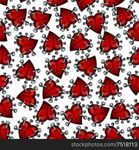 Pinned or nailed cartoon red heart seamless pattern isolated on white. Concept of relationships break or divorce, broken love or passion, heartbreak or heartache, emotion discomfort and sadness or sorrow.. Pinned or nailed cartoon heart seamless pattern