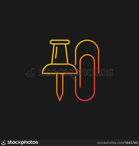 Pins and paper clips gradient vector icon for dark theme. Office supplies. Binding paper sheets together. Hanging notes. Thin line color symbol. Modern style pictogram. Vector isolated outline drawing. Pins and paper clips gradient vector icon for dark theme