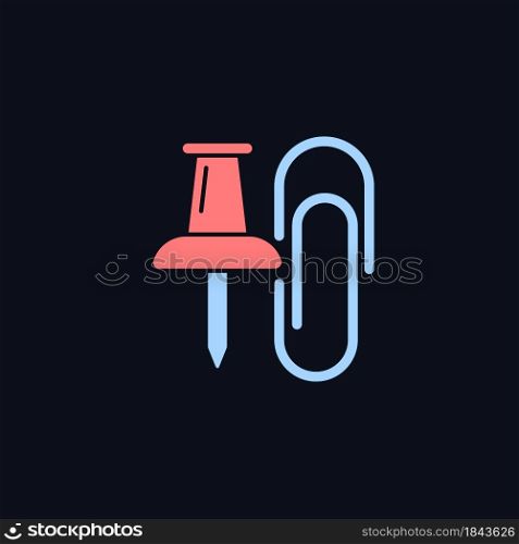 Pins and paper clips RGB color icon for dark theme. Office supplies. Binding paper sheets together. Isolated vector illustration on night mode background. Simple filled line drawing on black. Pins and paper clips RGB color icon for dark theme