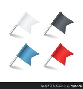 Pins flags. Colored pointer marker flag pin. Realistic red blue white and black pennant, small office stationery, plastic and metal material, label and map pointer, fix needle. Vector 3d isolated set. Pins flags. Colored pointer marker flag pin. Realistic red blue white and black pennant, small office stationery, plastic and metal material, label and map pointer. Vector 3d isolated set