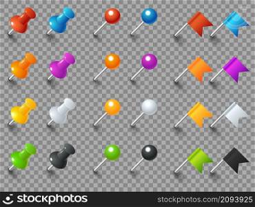 Pins flags tacks. Realistic attached office push pin collection, 3d colored stationery thumbtacks and flags, metal needles and plastic stems elements, vector isolated on transparent background set. Pins flags tacks. Realistic attached office push pin collection, 3d colored stationery thumbtacks and flags, metal needles and plastic stems elements, vector isolated set