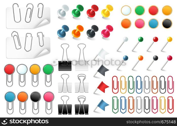 Pins paper clips. Push pins fasteners staple tack pin colored paper clip office organized announcement, stationery realistic vector set. Pins paper clips. Push pins fasteners staple tack pin colored paper clip office organized announcement, realistic vector set