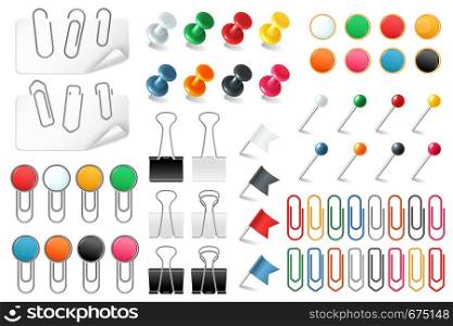 Pins paper clips. Push pins fasteners staple tack pin colored paper clip office organized announcement, stationery realistic vector set. Pins paper clips. Push pins fasteners staple tack pin colored paper clip office organized announcement, realistic vector set