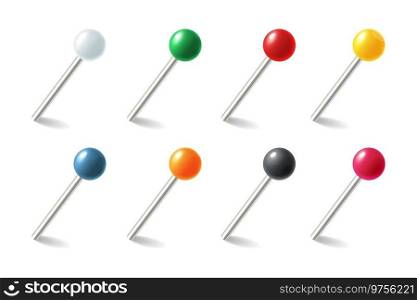 Pins. Realistic colored pointers. 3D thumbtacks set for attaching notes. Isolated plastic round buttons with metallic needles. Pushpins or sewing tools. Map markers template. Vector office stationery. Pins. Realistic colored pointers. 3D thumbtacks set for attaching notes. Plastic round buttons with needles. Pushpins or sewing tools. Map markers template. Vector office stationery