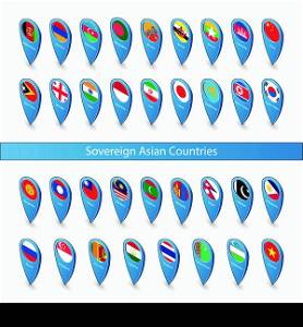 Pins with the flags of Sovereign Asian Countries isolated on white background in isometric perspective