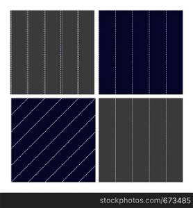 Pinstripe Collection Seamless Pattern Set Vector. Classic Different Grey, Navy Blue and White Dashed Sewing Pinstripe Fabric Textile Material For Clothing. Texture Flat Illustration. Pinstripe Collection Seamless Pattern Set Vector