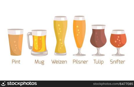 Pint and Mug, Weizen Vector Illustration on White. Pint and mug, weizen and pilsner, tulip and snifter, types of glasses used for beer vector illustration isolated on white background.