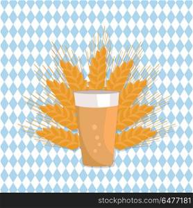 Pint of Dark Beer in Transparent Glass Vector Icon. Pint of dark beer in transparent glass vector illustration on checkered backdrop with ears of wheat on background. Light alcohol drink with bubbles