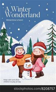 Pinterest template with children enjoy winter concept, watercolor style 