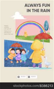 Pinterest template with children rainy season concept,watercolor style 