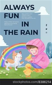 Pinterest template with children rainy season concept,watercolor style 