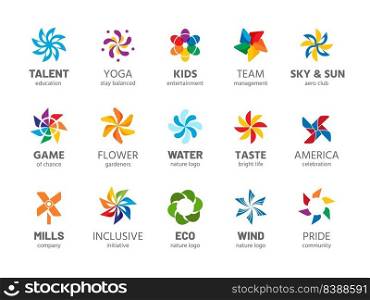 Pinwheel logo. Abstract rainbow color summer spinner symbol, wind propelled children summer toy isolated collection. Vector business logos for different companies as yoga studio, pride community. Pinwheel logo. Abstract rainbow color summer spinner symbol, wind propelled children summer toy isolated collection. Vector business logos