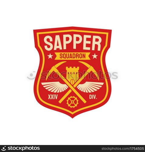 Pioneer combat engineers special division chevron with crossed axes, fortress tower and wings isolated patch on uniform. Vector combatant soldier engineering breaching fortifications demolitions squad. Sappers combat engineers squadron military chevron
