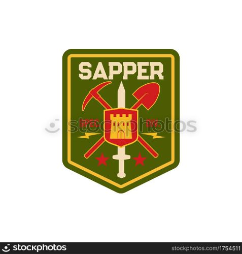 Pioneer combat engineers special division isolated chevron with digging and mining equipment, ax and shovel spade, armour sword, fortress emblem. Vector sapper combatant soldier patch on uniform. Sapper special division military chevron equipment