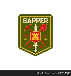 Pioneer combat engineers special division isolated chevron with digging and mining equipment, ax and shovel spade, armour sword, fortress emblem. Vector sapper combatant soldier patch on uniform. Sapper special division military chevron equipment