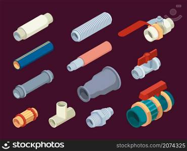 Pipe counters. Valves temperature and water measuring scale plumbing equipment steel counters garish vector isometric illustrations. Pipe and valve, water piping and gas supply tube. Pipe counters. Valves temperature and water measuring scale plumbing equipment steel counters garish vector isometric illustrations