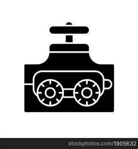 Pipe-inspecting robots black glyph icon. Robotic crawler. Automatic pipeline inspection. Underwater robot. Measuring machine. Silhouette symbol on white space. Vector isolated illustration. Pipe-inspecting robots black glyph icon