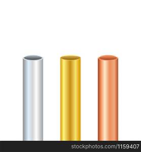 Pipe set. Steel, copper, gold Tubes. Steel or Aluminum, pipes of different diameters. Vector stock illustration.. Pipe set. Steel, copper, gold Tubes. Steel or Aluminum, pipes of different diameters. Vector stock illustration