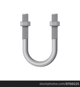 Pipe size plain aluminium suspension U-bolt isolated realistic icon. Vector U bolt cl&with coarse rolled threads, steel or wrought iron pipe, vehicle hardware spare part, stainless steel detail. Suspension U-bolt cl&, rolled threads isolated