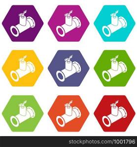 Pipe tap icons 9 set coloful isolated on white for web. Pipe tap icons set 9 vector