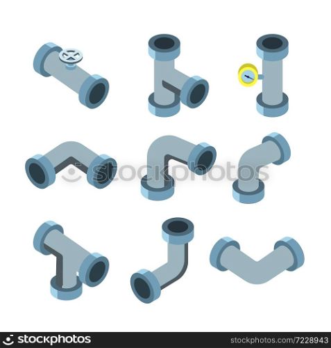 Pipe Tubes And Pipeline Collection Isometric Set Vector. Metallic Copper Sewer Pipe In Different Shape Details With Faucet And Pressure Meter. Canalization Drainage Construction Illustrations. Pipe Tubes And Pipeline Collection Set Vector