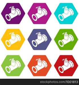 Pipe water icons 9 set coloful isolated on white for web. Pipe water icons set 9 vector
