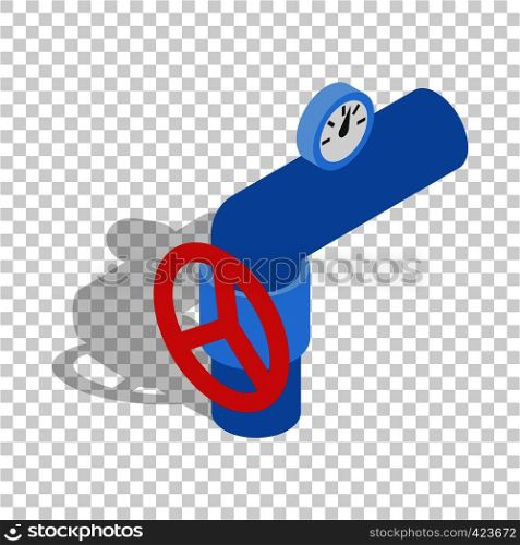Pipe with a red valve and meter isometric icon 3d on a transparent background vector illustration. Pipe with a red valve and meter isometric icon