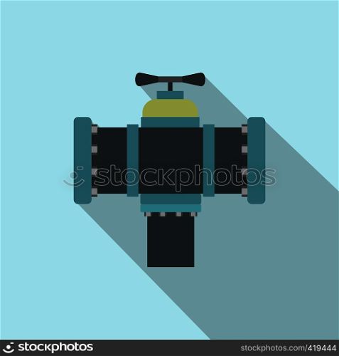 Pipe with a valve flat icon with shadow on a blue background. Pipe with a valve flat icon with shadow