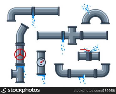Pipe with leaking water. Broken pipes with leakage, plastic pipeline rupture. Dripping drain faucet, water supply problems vector brokenness piping design set. Pipe with leaking water. Broken pipes with leakage, plastic pipeline rupture. Dripping drain faucet, water supply problems vector set