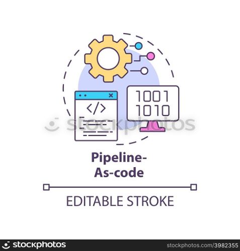 Pipeline-as-code concept icon. Automation in program writing. Tech macro trends abstract idea thin line illustration. Isolated outline drawing. Editable stroke. Arial, Myriad Pro-Bold fonts used. Pipeline-as-code concept icon