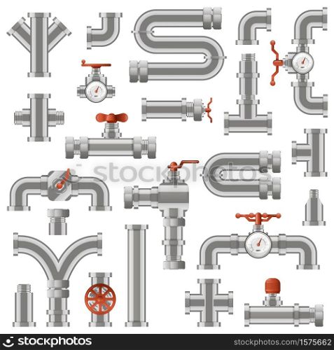 Pipeline construction. Water pipe sections, industrial tube pipes engineering, pipe construction with rotary knobs and counters vector icons set. Illustration tube construction, pipeline plumbing. Pipeline construction. Water pipe sections, industrial tube pipes engineering, pipe construction with rotary knobs and counters vector icons set