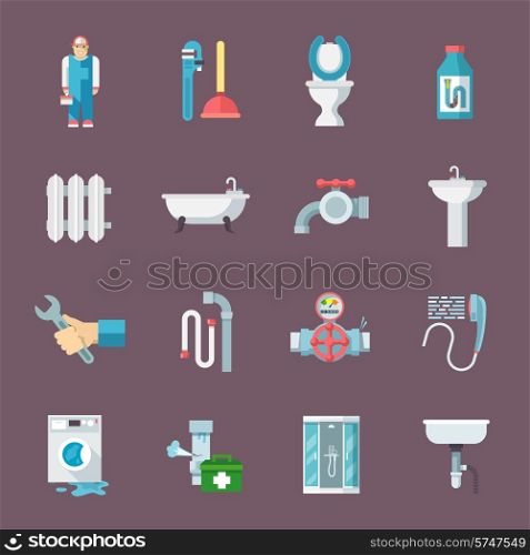 Pipeline plumbing and heating reparation service and sink drain cleaning kit flat icons composition vector isolated illustration