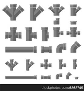 Pipes flat icons. Sewage pipes flat icons. Vector set parts and pipes of engineering sewer system.