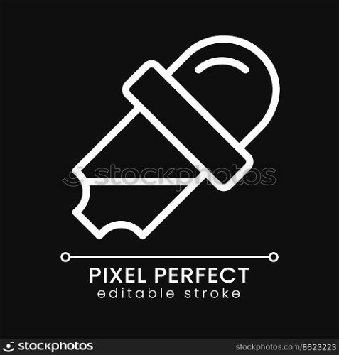 Pipet pixel perfect white linear icon for dark theme. Medicine dropper. Laboratory instrument. Lab tool. Thin line illustration. Isolated symbol for night mode. Editable stroke. Poppins font used. Pipet pixel perfect white linear icon for dark theme