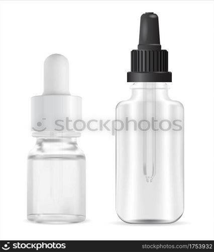 Pipette bottle. Serum dropper flask, white glass bottle. Medical essence vial, pipette cap, transparent package. Realistic medicine pipette container, clean empty nasal packaging, eye dropper. Pipette bottle. Serum dropper flask, glass bottle
