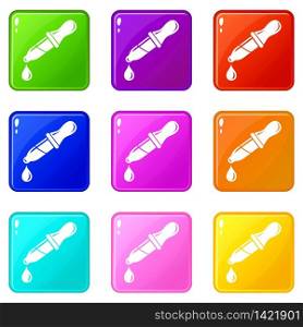 Pipette icons set 9 color collection isolated on white for any design. Pipette icons set 9 color collection