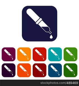 Pipette icons set vector illustration in flat style in colors red, blue, green, and other. Pipette icons set