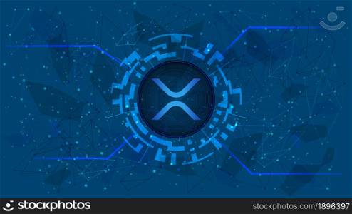 Pipple token symbol, XRP coin icon, in a digital circle with a cryptocurrency theme on a blue background. Digital gold in futuristic style for website or banner. Copy space. Vector EPS10.