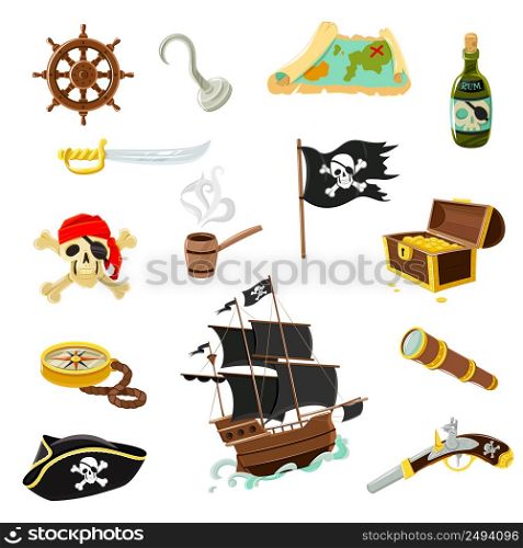Pirate accessories flat icons collection with wooden treasure chest and black jolly roger flag abstract vector illustration. Pirate accessories flat icons set