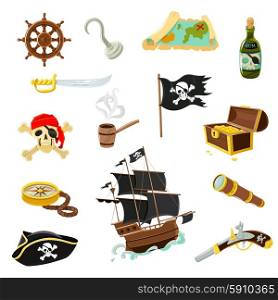 Pirate accessories flat icons set. Pirate accessories flat icons collection with wooden treasure chest and black jolly roger flag abstract vector illustration