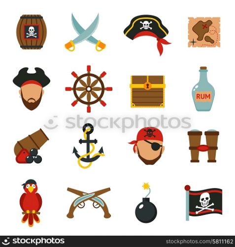 Pirate accessories symbols flat icons collection with wooden treasure chest and jolly roger flag abstract vector illustration. Pirate icons set flat