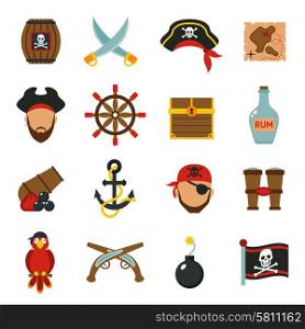 Pirate accessories symbols flat icons collection with wooden treasure chest and jolly roger flag abstract vector illustration. Pirate icons set flat