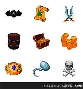 Pirate adventure icons set. Cartoon set of 9 pirate adventure vector icons for web isolated on white background. Pirate adventure icons set, cartoon style