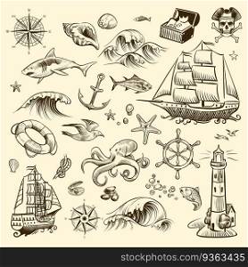 Pirate adventure set. Sea navigation engraved old fantasy objects, ship and treasure of pirates with lighthouse vector shipping sail collection. Pirate adventure set. Sea navigation engraved old fantasy objects, ship and treasure of pirates with lighthouse vector collection