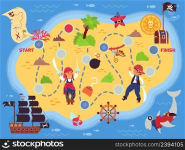 Pirate adventures map. Pirates islands, board paper play location design. Cartoon sea monster, ship and treasure chest. Travel decent vector background. Illustration of adventure map pirate. Pirate adventures map. Pirates islands, board paper play location design. Cartoon sea monster, ship and treasure chest. Travel decent vector background