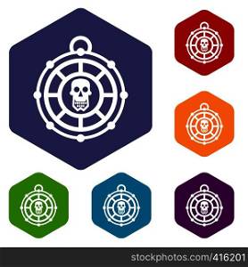 Pirate amulet icons set rhombus in different colors isolated on white background. Pirate amulet icons set